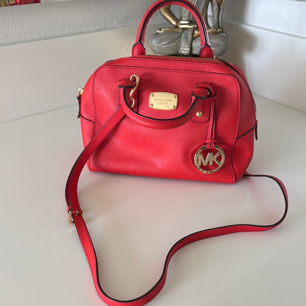 Michael Kors Red Crossbody Bag Gold-Tone Hardware Adjustable Strap